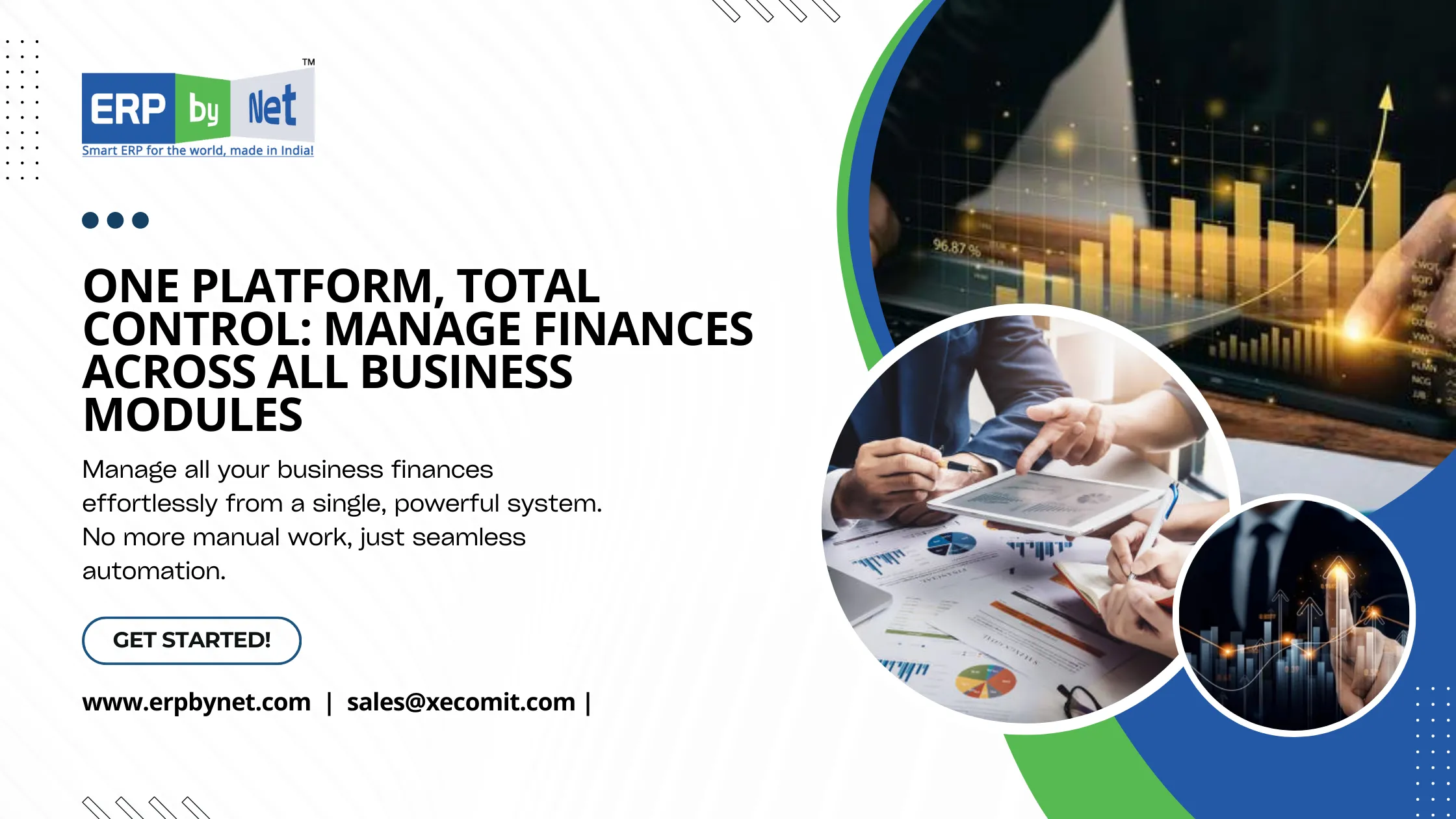 Business dashboard interface showing financial metrics and charts from ERP financial management software