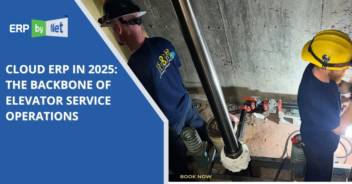 Cloud ERP dashboard being accessed by a field technician for elevator maintenance