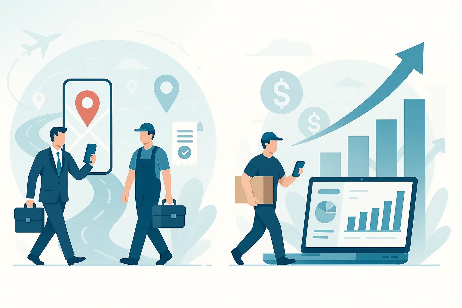 ERP travel tracking dashboard showing cost savings and productivity improvements