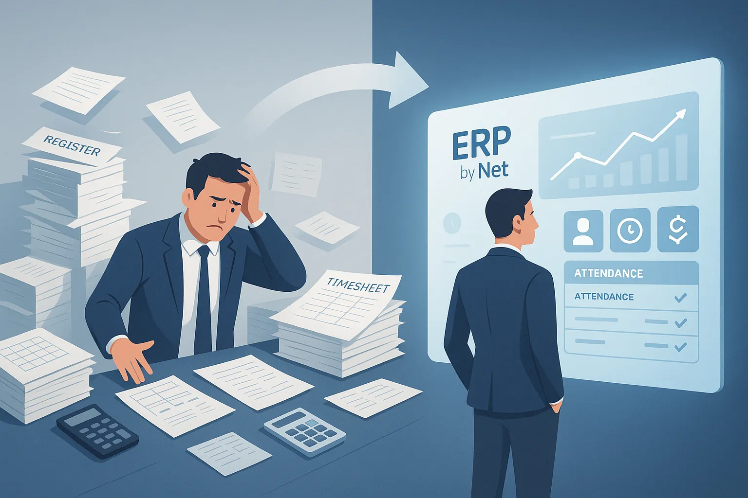 ERPbyNet staff tracking dashboard showing digital timesheets and workforce analytics