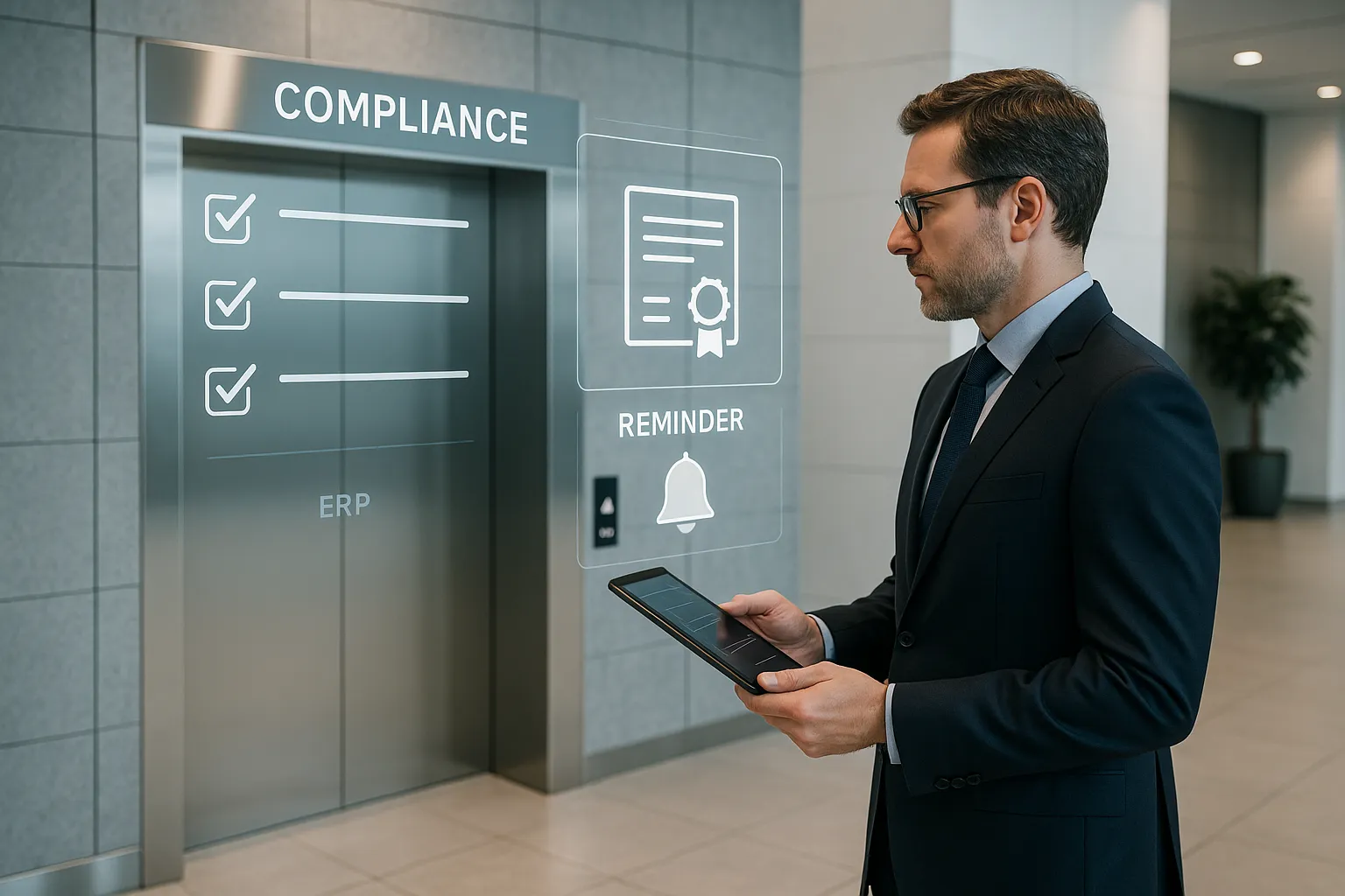 Elevator Compliance ERP dashboard for managing surveys and testing certificates