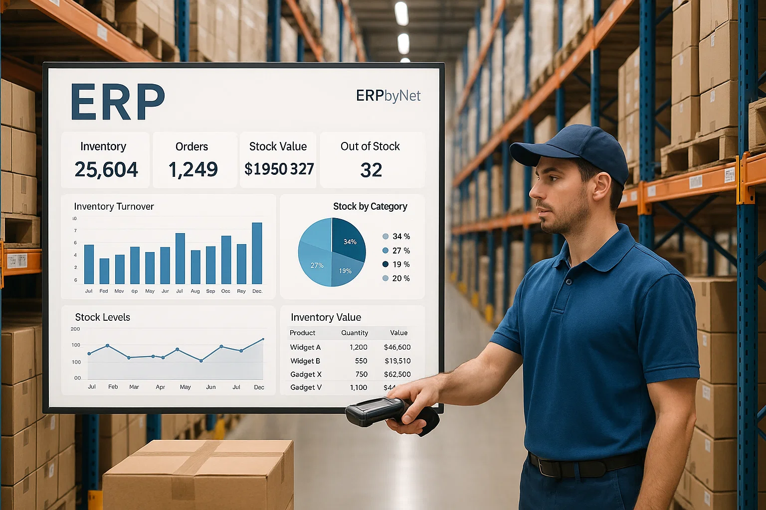 ERP system optimizing warehouse inventory management with real-time tracking.