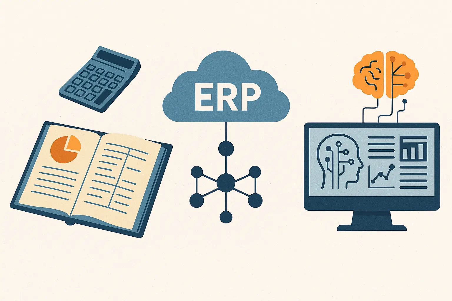 futuristic concept showing ERP evolution from manual accounting to cloud and AI-powered systems