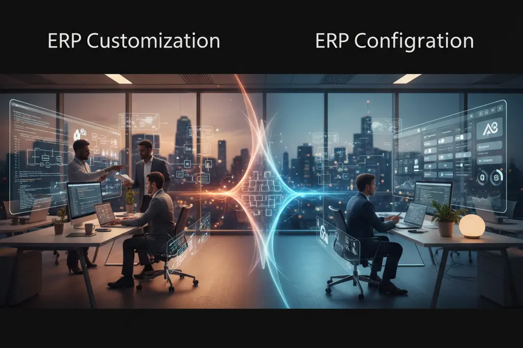Business professionals comparing ERP Customization vs ERP Configuration approaches using digital dashboards and analytics in a modern workspace.