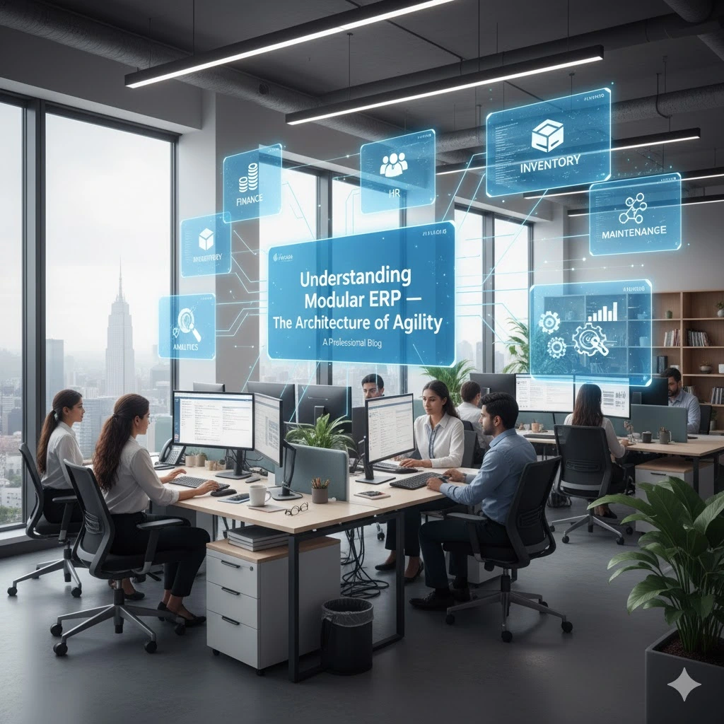 Illustration of a modular ERP Software for mid-size enterprises showing interconnected modules for Finance, HR, Inventory, CRM, Maintenance, Project Management, and Analytics.