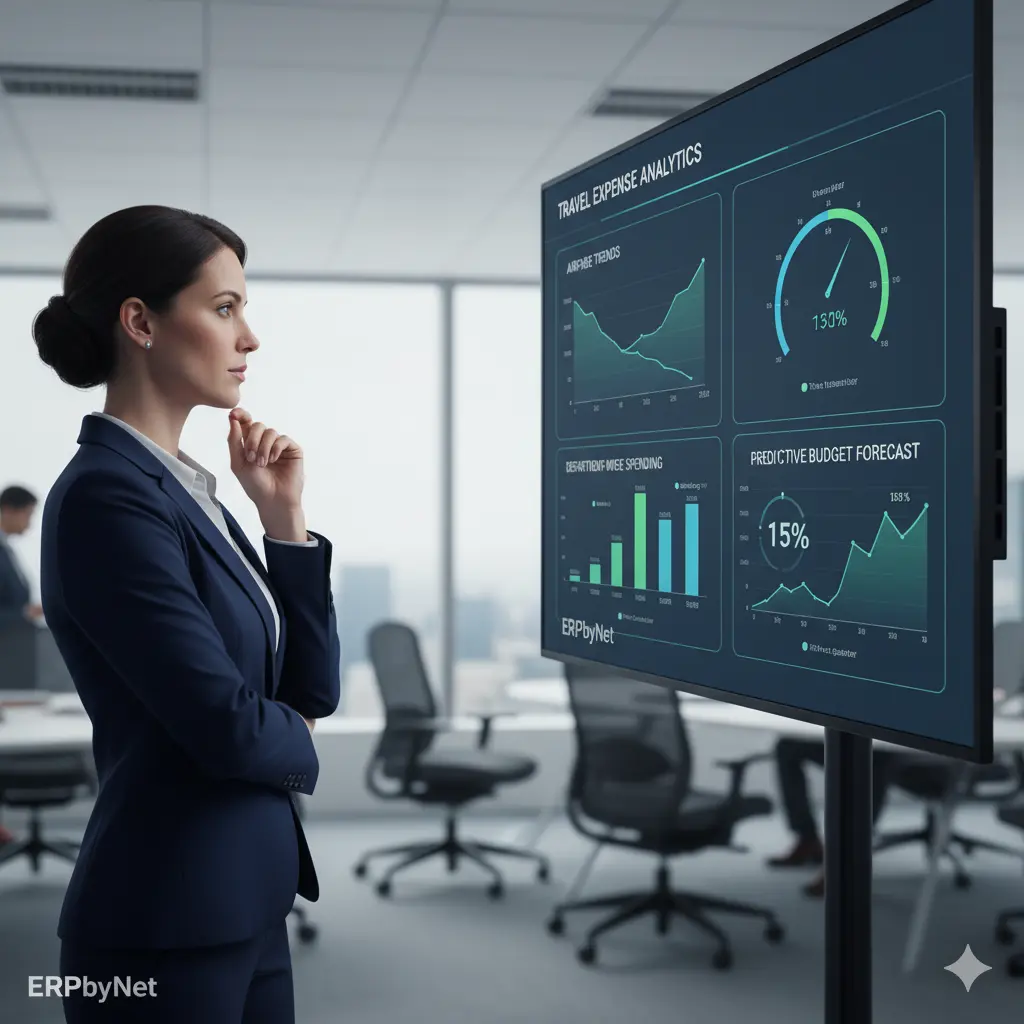 Laptop displaying ERPbyNet travel budget dashboard with charts and graphs, surrounded by business travel items on a desk