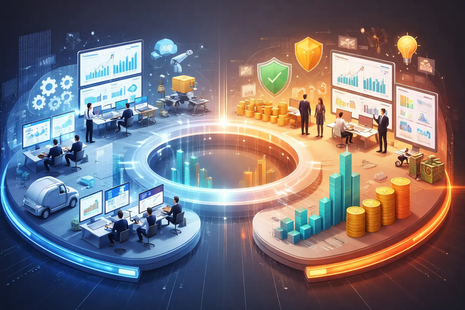 ERP vs ERM concept showing operational execution and enterprise resource management working together
