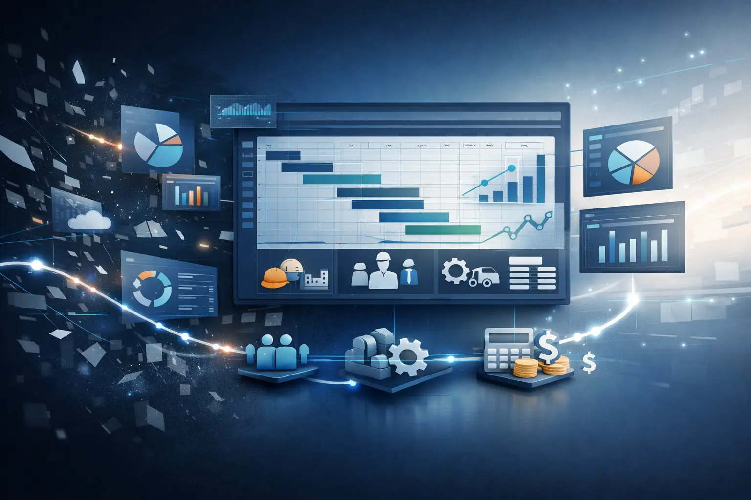 Project scheduling integrated with ERP showing real-time execution, resources, and cost alignment