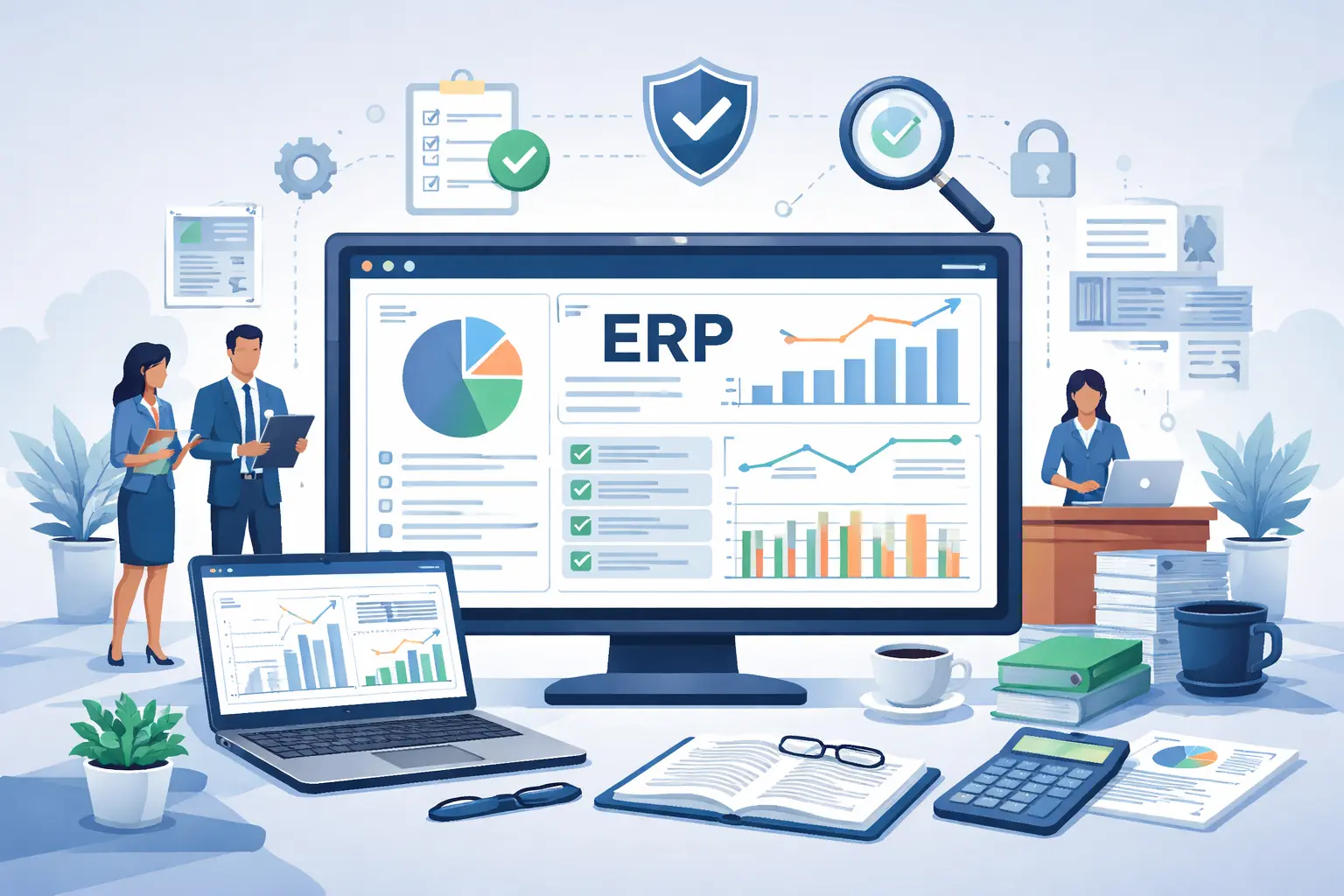 ERP system dashboard illustrating reliable financial data, audit trails, and compliance reporting during audits