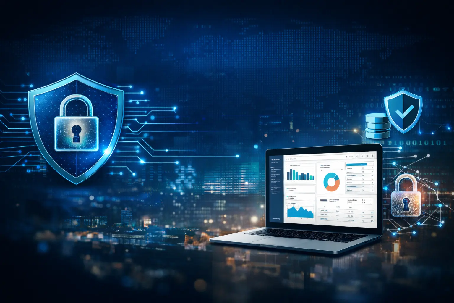 Secure enterprise ERP system protecting sensitive financial and business data with digital shield and encrypted network visualization