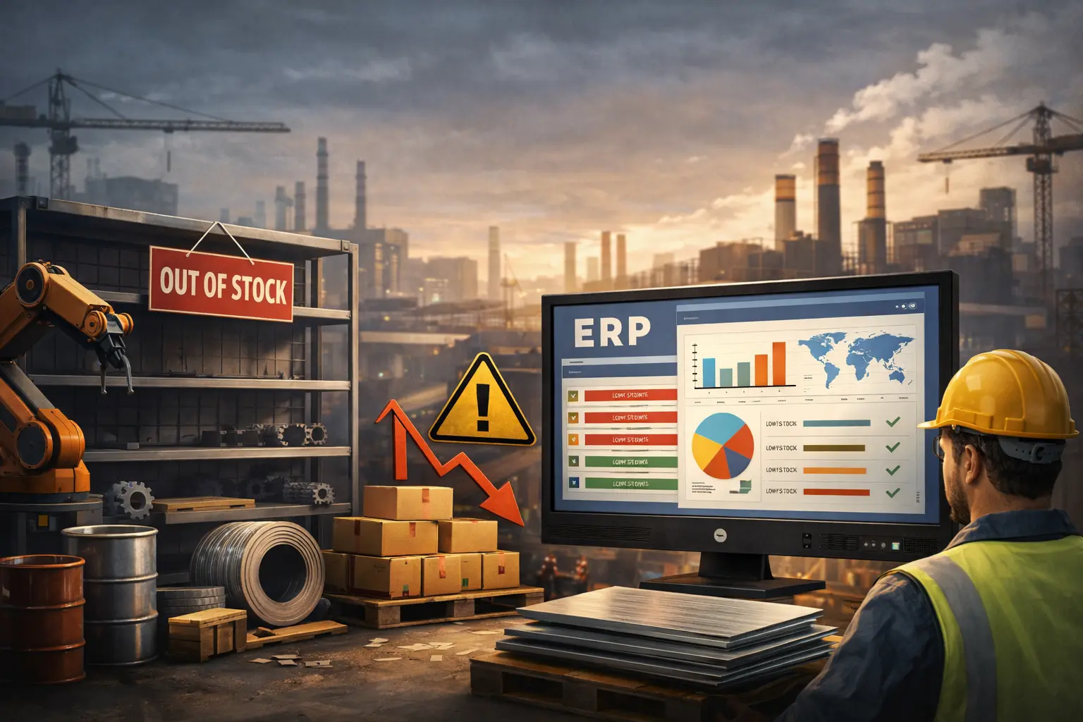ERP system dashboard managing manufacturing material shortage and supply chain visibility