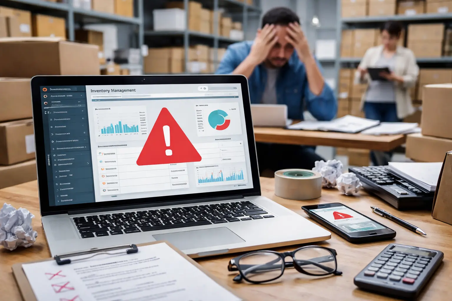 Top mistakes to avoid when choosing inventory management software showing disorganized warehouse and error dashboard
