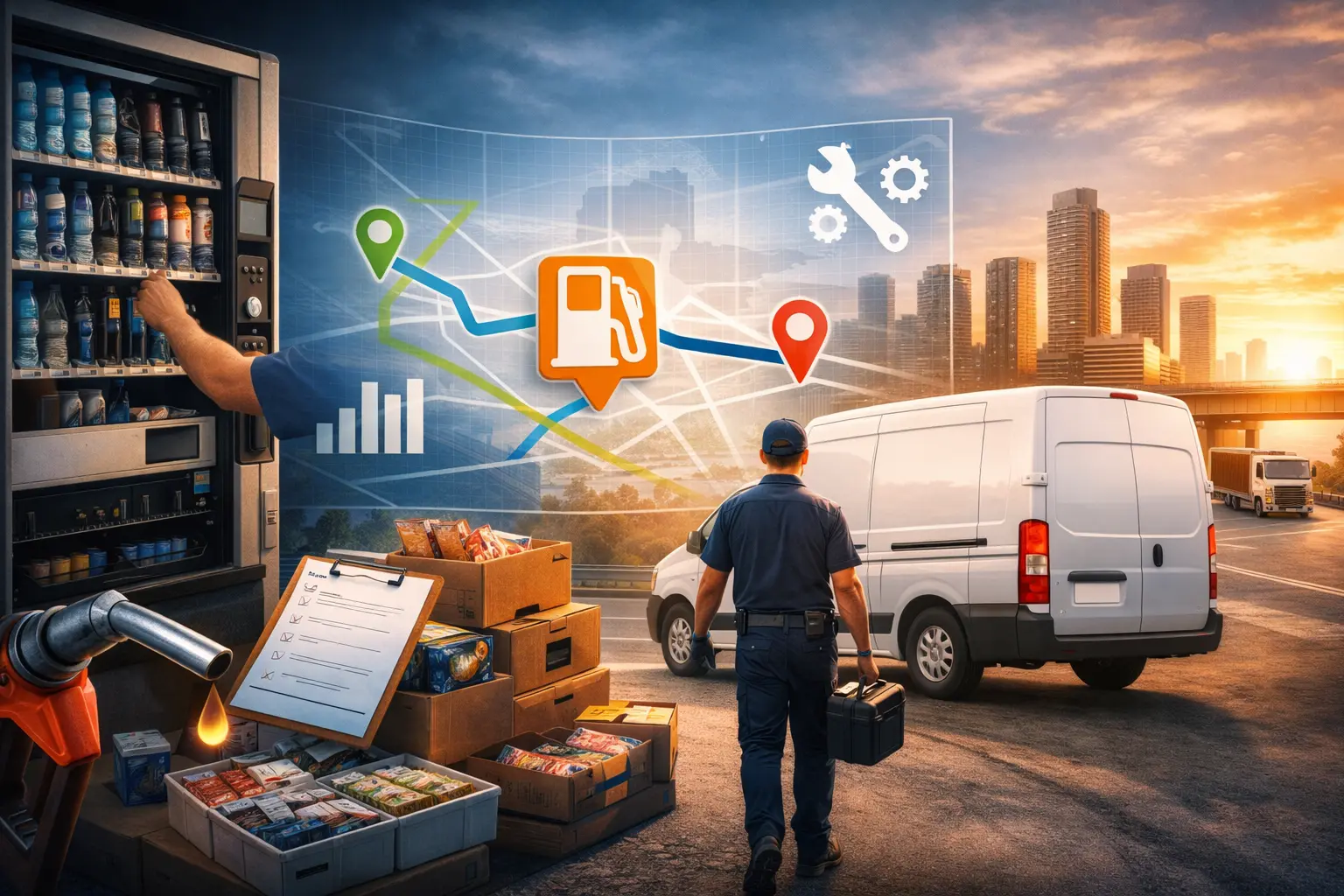 Technician servicing vending machine with optimized delivery route and ERP-based tracking system reducing fuel and time costs