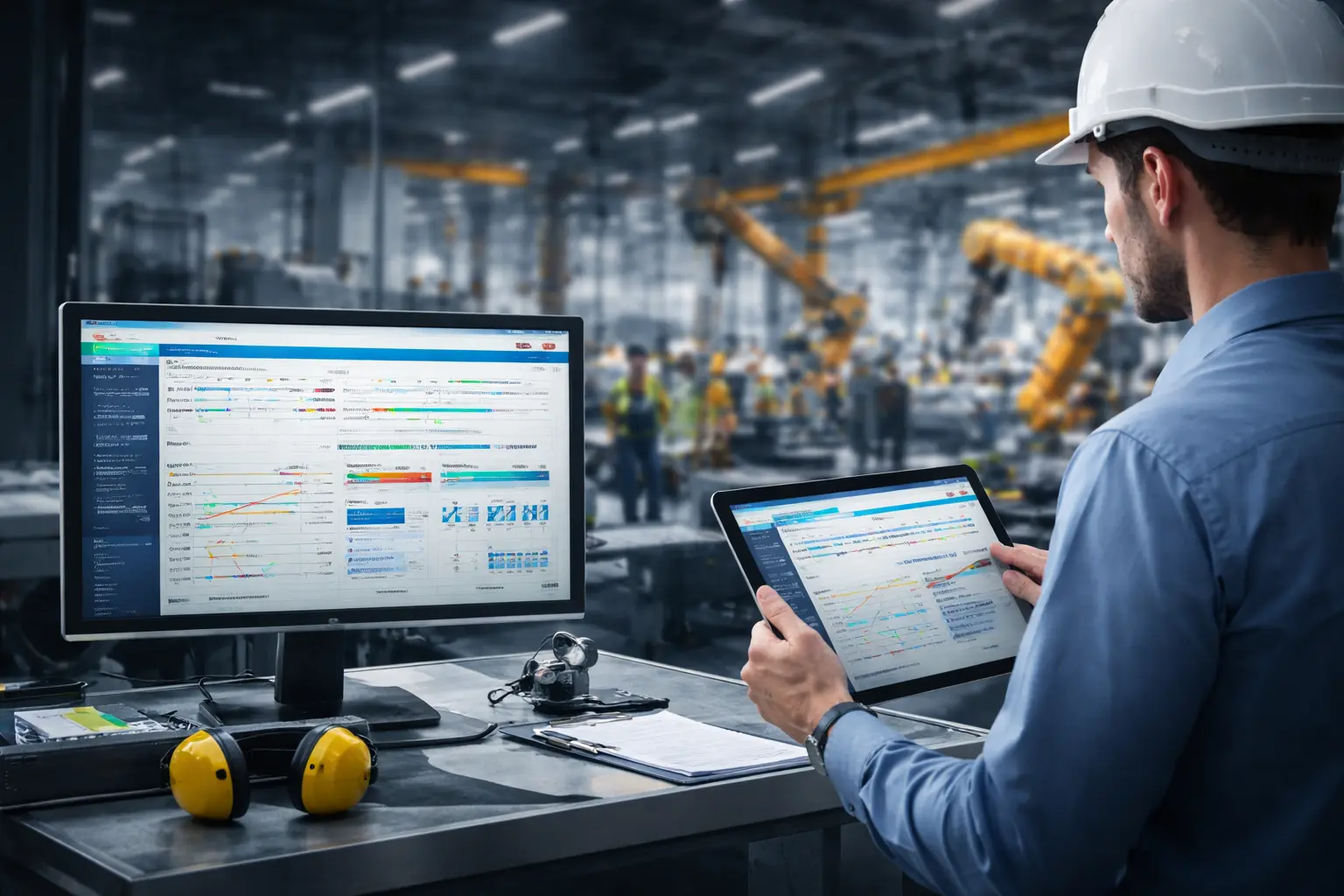 Production manager using ERP-based production planning software with real-time dashboard in a smart manufacturing factory