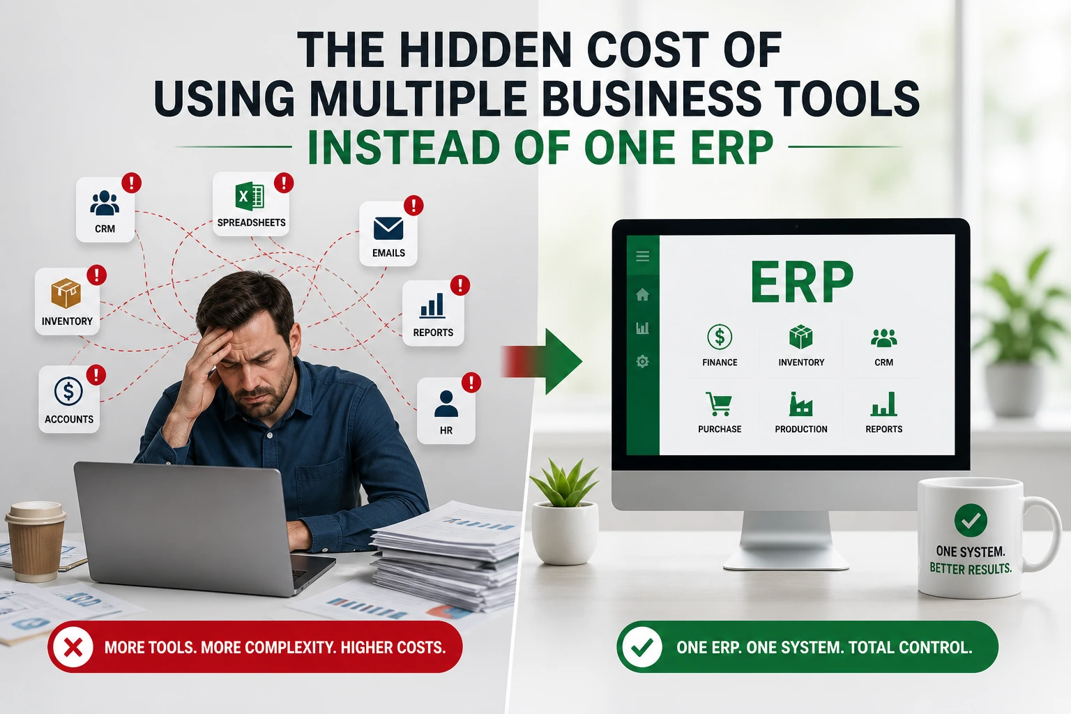 Business departments using disconnected software tools for finance, CRM, inventory, HR, and reporting creating operational complexity and data silos.
