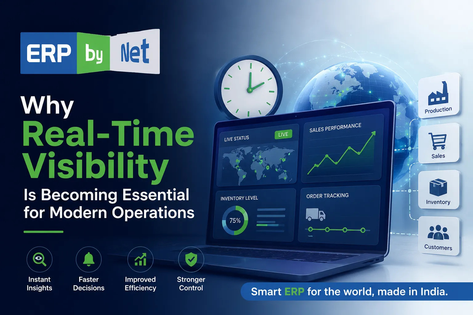 Modern ERP dashboard showing real-time visibility for operations management, technician tracking, inventory monitoring, and live business analytics.