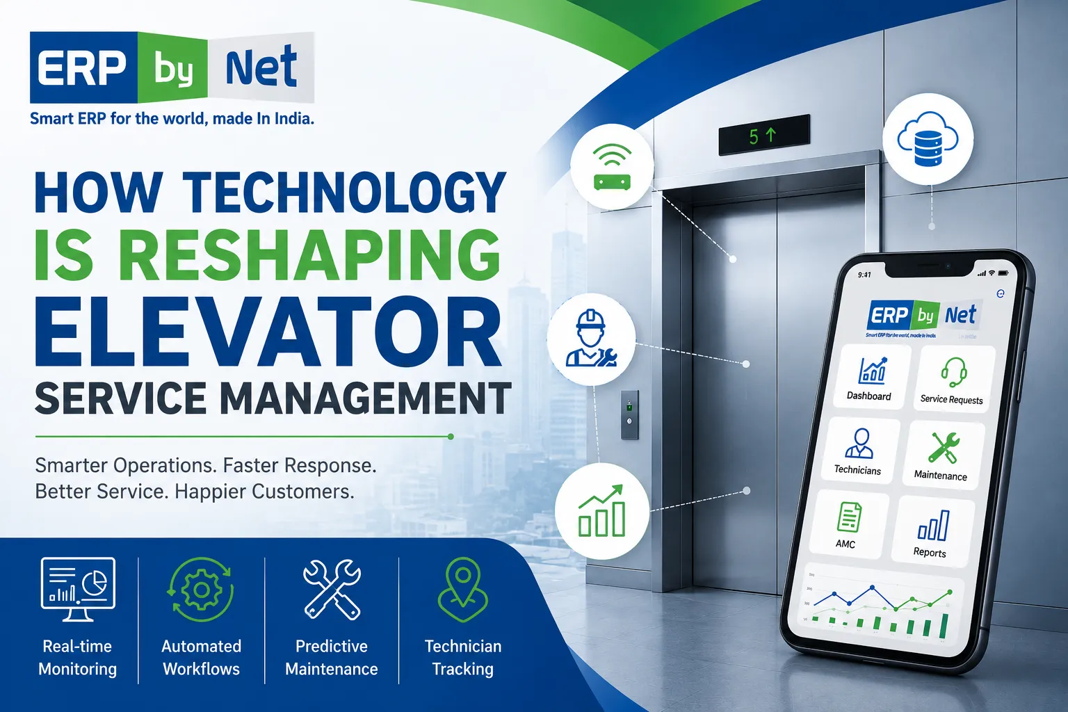 ERPbyNet elevator service management software with real-time monitoring, predictive maintenance, technician tracking, and automated workflows.