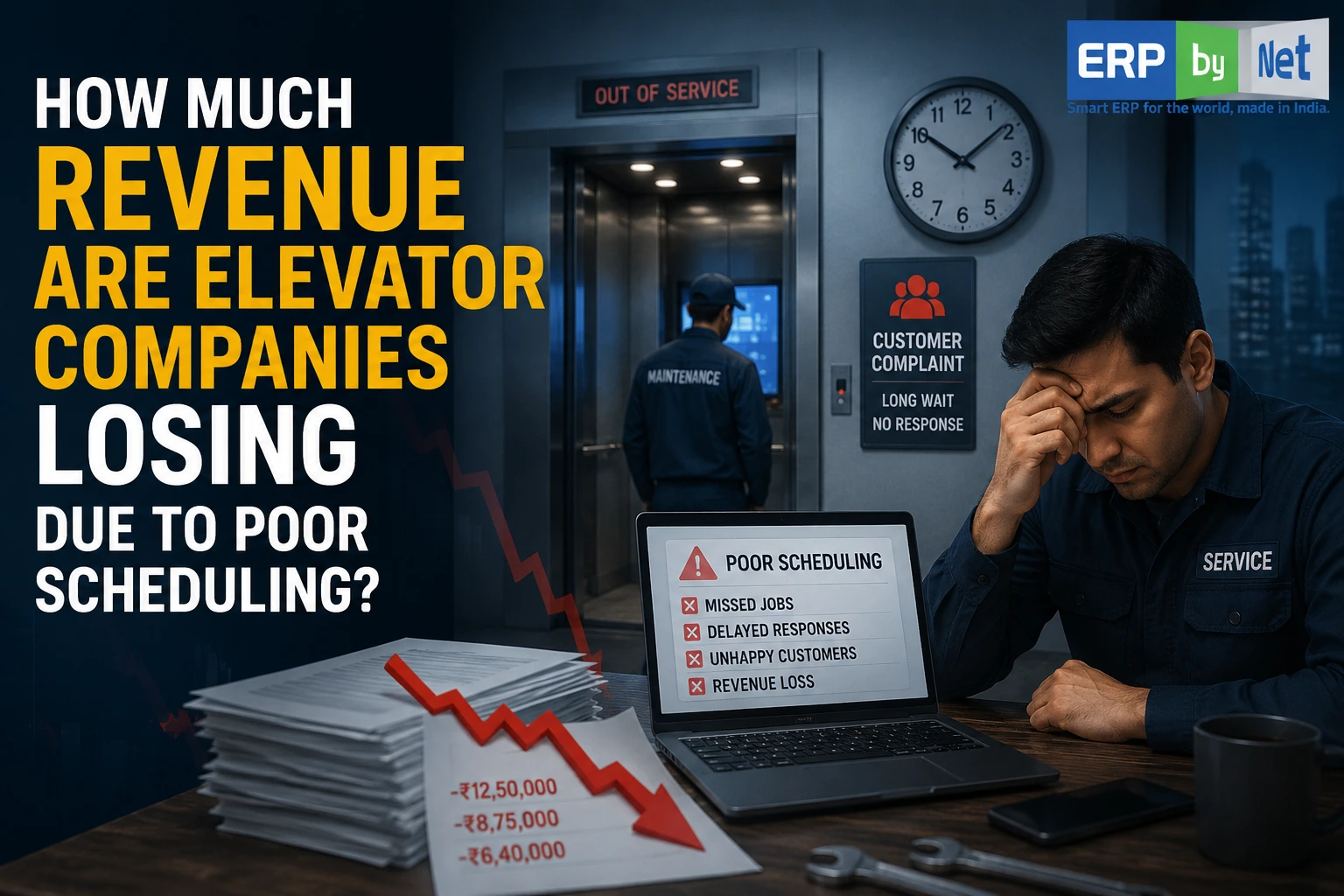 Elevator maintenance company facing revenue loss due to poor scheduling, delayed service, missed jobs, and customer complaints shown in a realistic corporate office environment by ERPbyNet.