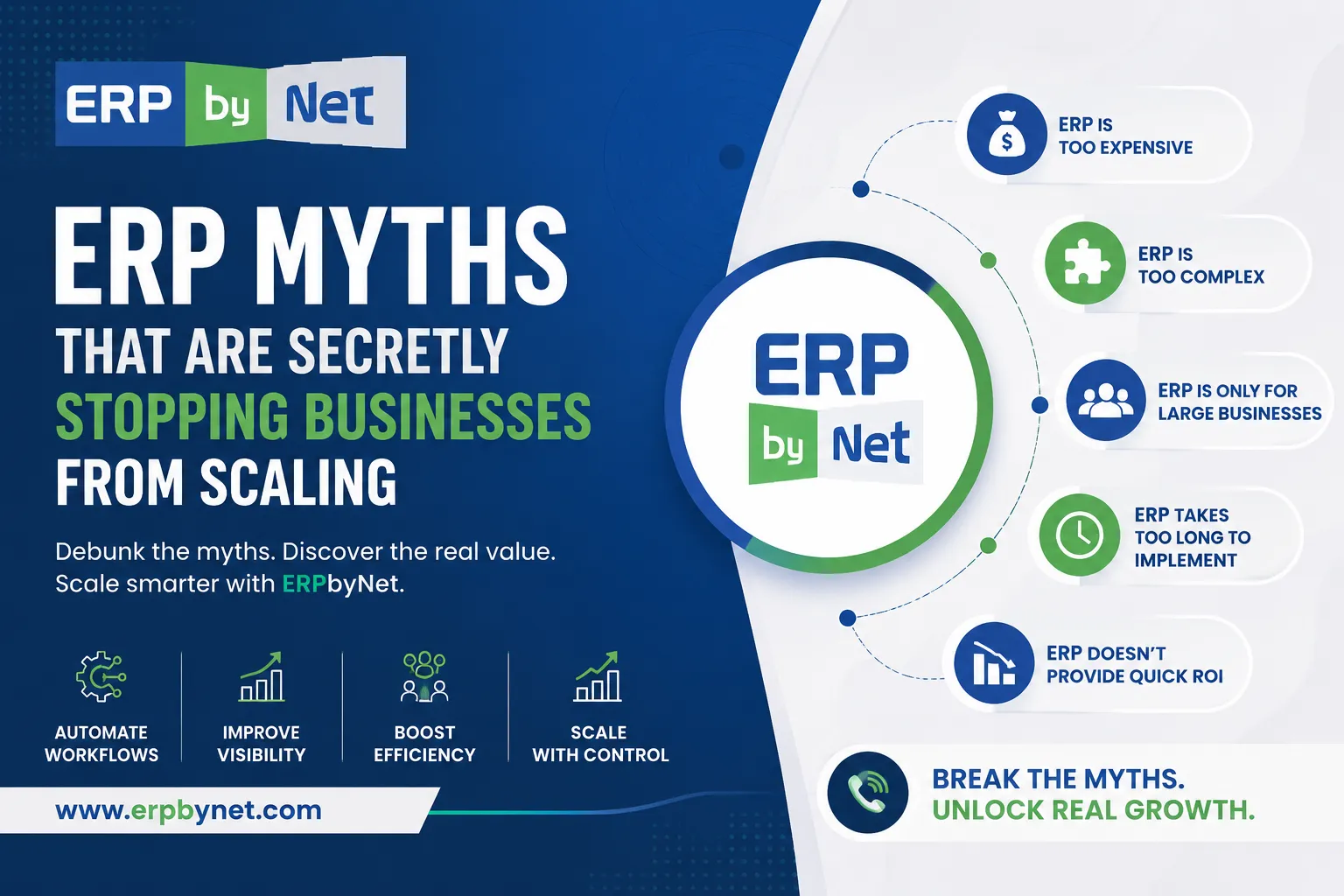 Infographic about ERP myths slowing business growth, with a blue left panel and circular diagram on the right showing six myths such as cost, complexity, and ROI benefits.