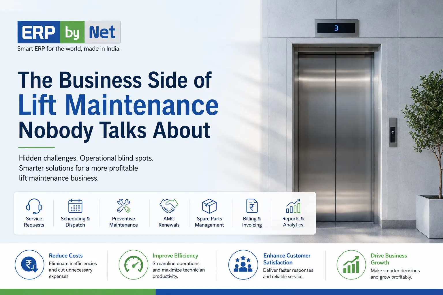 ERPbyNet ERP software for lift maintenance companies managing service requests, preventive maintenance, AMC renewals, spare parts, billing, and business operations.