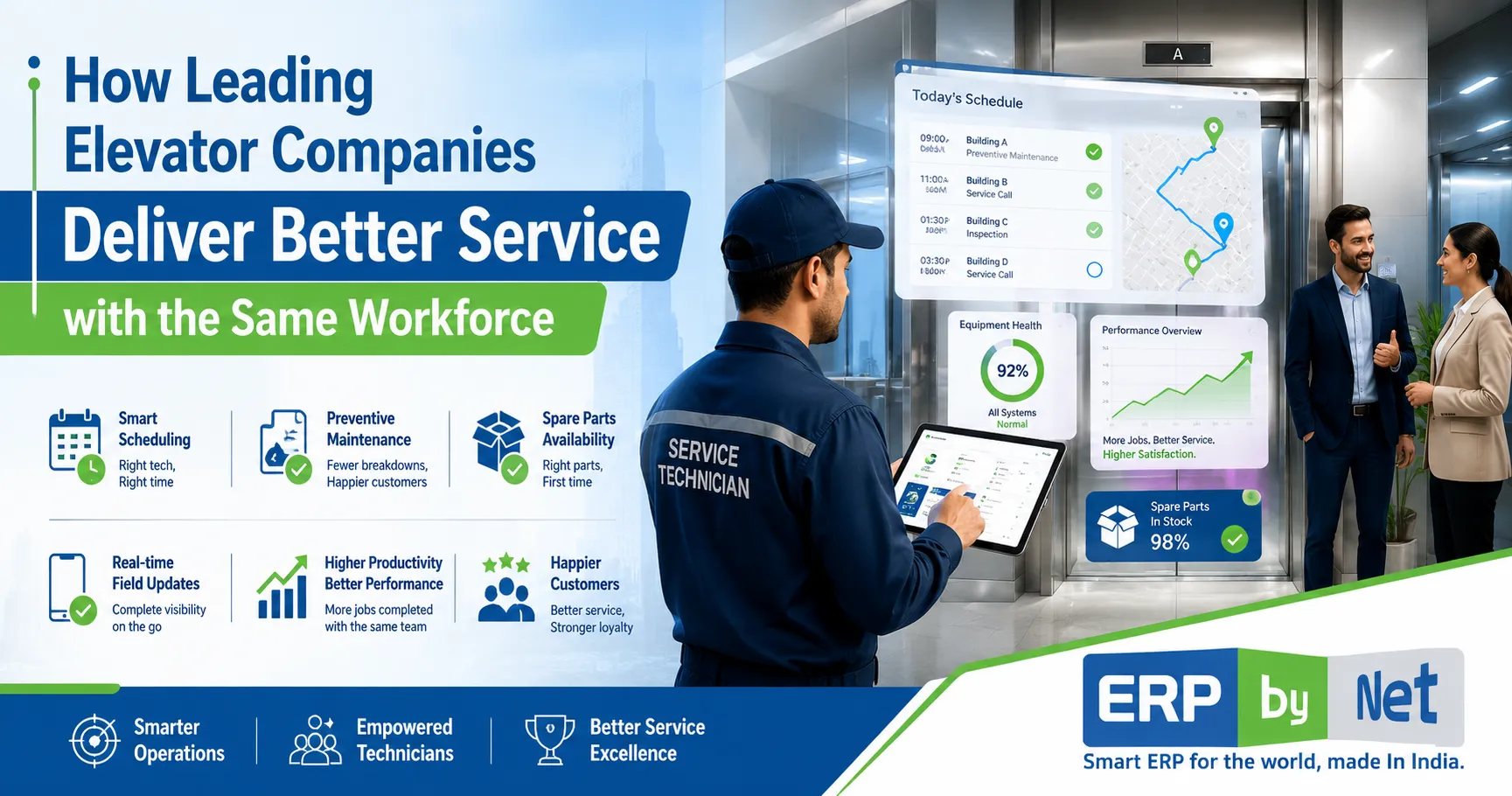 Elevator technician using smart ERP software to improve service efficiency, technician productivity, and maintenance operations with the same workforce