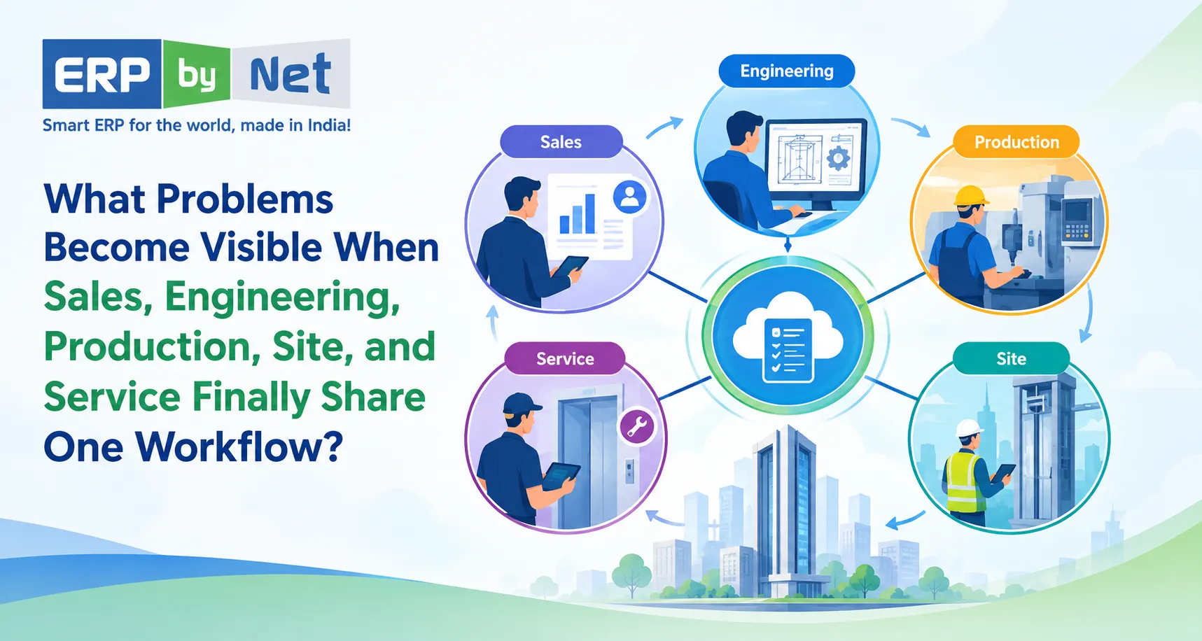 Connected ERP workflow linking sales, engineering, production, site, and service data through one platform for project-based businesses