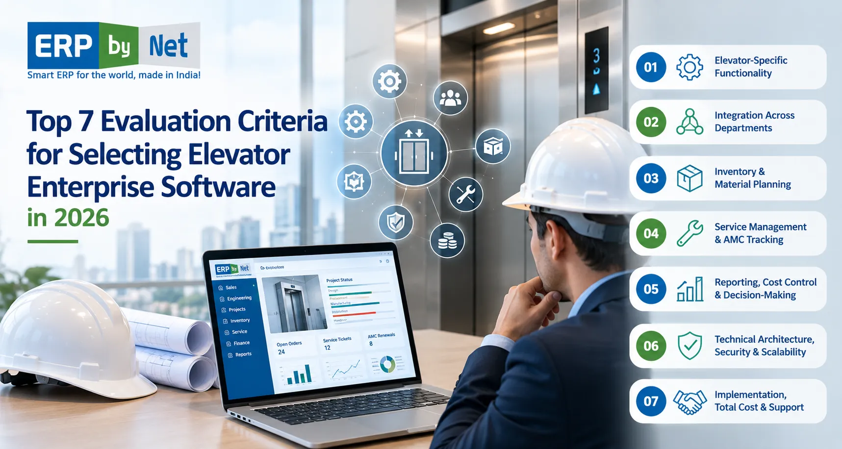 Top 7 evaluation criteria for selecting elevator enterprise software in 2026, featuring an elevator operations dashboard and engineer reviewing ERP data.