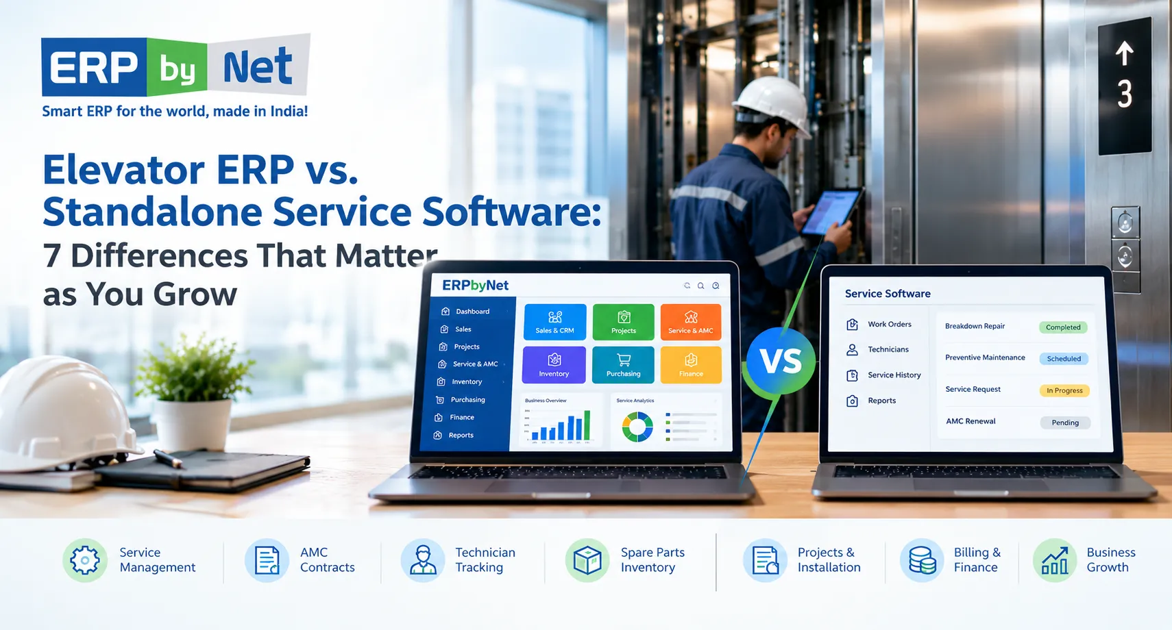Elevator ERP vs. standalone service software comparison showing ERP dashboards, elevator maintenance, and service management features.